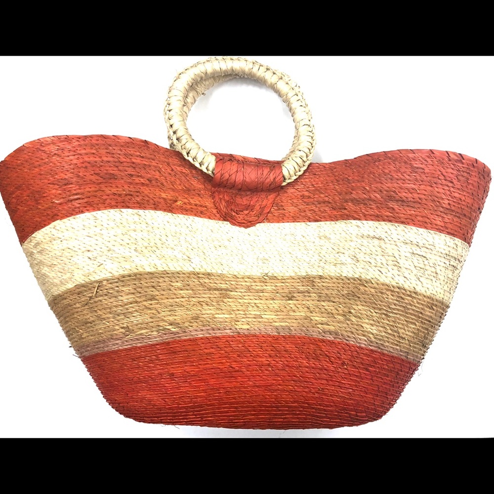 Handmade Woven Palm Handbag. Orange Striped Bag